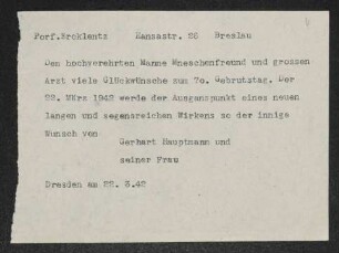 Brief von Gerhart Hauptmann an Wilhelm Ercklentz