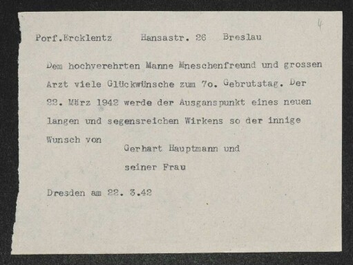 Brief von Gerhart Hauptmann an Wilhelm Ercklentz