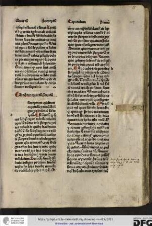 [P]receptum quartum capitulum primum Diliges proximum tuum sicut teipsum. Notandum quod sicut sub precepto dilectionis dei oprehenduntur tria precepta prime tabule de quibus hactenus dictum est...