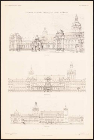 Prinzliches Palais, Berlin: Perspektivische Ansicht, Ansicht von der Straßenseite, Ansicht von der Gartenseite (aus: Entwürfe von Mitgl. d. AVB, Neue Folge 1899/00)