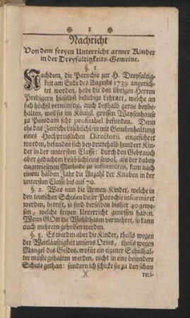 Nachricht Von dem freyen Unterricht armer Kinder in der Dreyfaltigkeits-Gemeine