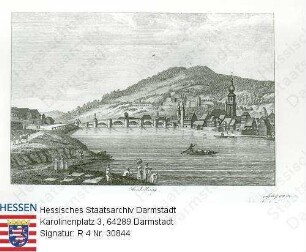 Heidelberg, Ansicht mit Neckar und Neckarbrücke, mit Bildlegende / Widmungsblatt von v. Zettritz, Burschenschafter aus Schlesien, Univ. Göttingen, für Heinrich Freiherr v. Gagern (1799-1880), dat. Göttingen, 2. Sept. 1817