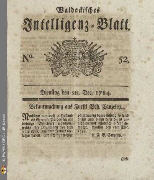 No. 52, Dienstag den 28. Dec. 1784