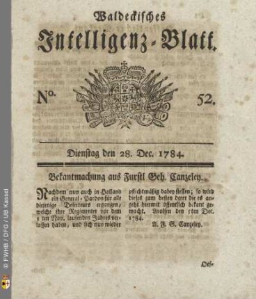No. 52, Dienstag den 28. Dec. 1784