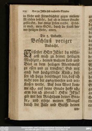 Die 5. Andacht. Beschluß voriger Andacht.