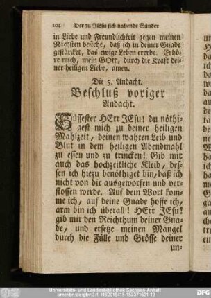 Die 5. Andacht. Beschluß voriger Andacht.