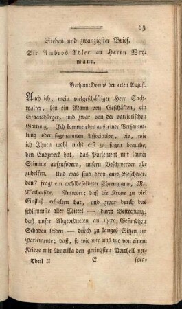 Sieben und zwanzigster Brief. Sir Ambros Adler an Herrn Weymann.