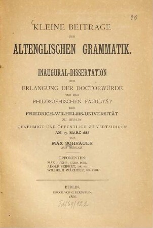 Kleine Beiträge zur altenglischen Grammatik