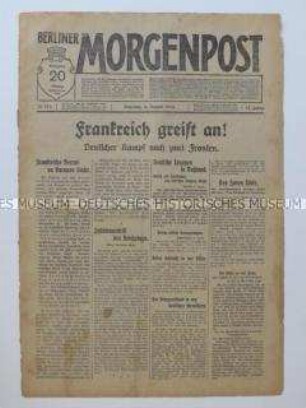 Titelblatt der "Berliner Morgenpost" zum Beginn der Kampfhandlungen zwischen Frankreich und Deutschland