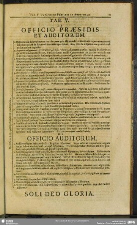 Tab. V. De Officio Praesidis Et Auditorium