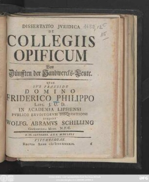 Dissertatio Jvridica De Collegiis Opificum