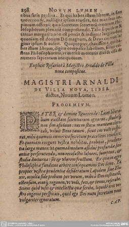 MAGISTRI ARNALDI DE VILLA NOVA, LIBER dictus, Novum Lumen.