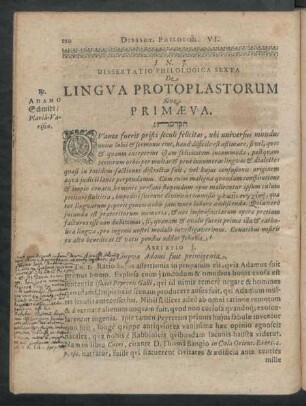 Dissertatio Philologica Sexta De Lingua Protoplastorum Sive Primaeva.
