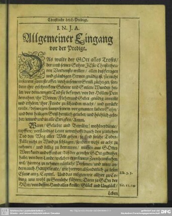 Leichenpredigt : Christliche Leich-Predigt. Allgemeiner Eingang vor der Predigt. Text. Sonderbarer Eingang. Abhandelung des Texts