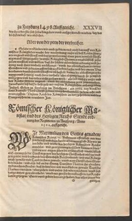 Römischer Königlicher Maiestat/ und des Heyligen Reichs Stendt ordnung des Regiments/ zu Augspurg/ Anno 1500. auffgericht.