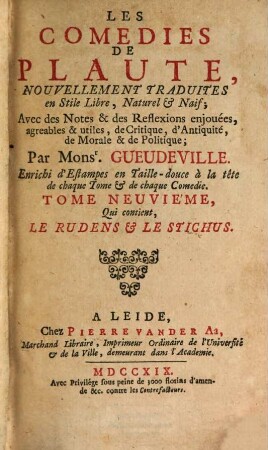 Les Comédies de Plaute : [Divisées En Dix Tomes], 9. Qui contient Le Rudens et Le Stichus