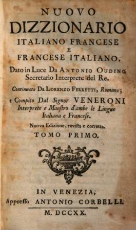 Nuovo dizzionario italiano francese e francese italiano, 1.