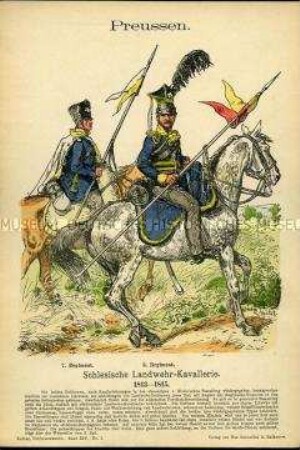 Uniformdarstellung, Reiter des 7. bzw. 3. Kavallerie-Regiments der Schlesischen Landwehr, Königreich Preußen, 1813/1815.