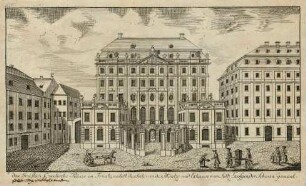 Das Coselpalais in der Salzgasse an der Frauenkirche, das Gebäude der Münze, links und das Eckhaus zur Salzgasse, der Schwan genannt, Blatt Teil einer Reihe Dresdner Stadtansichten von Schlitterlau um 1770