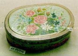 Blechdose in Form einer Brotbüchse für ? (Abbildung von Rosen, Veilchen und anderen Blüten)