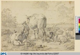 Hirte mit Schafen, Kühen und Ziege