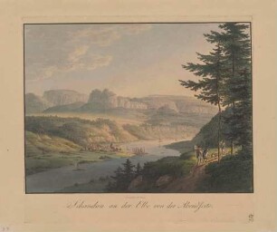 Das Elbtal in der Sächsischen Schweiz mit Schandau (Bad Schandau) vor den Schrammsteinen und dem Falkenstein vom linken Elbufer nach Osten