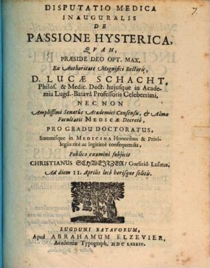 Disp. med. inaug. de passione hysterica