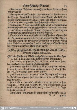 Die 12. Frag/von allerhand Vortheilen und Nachtheilen der Gräben mit Wasser.
