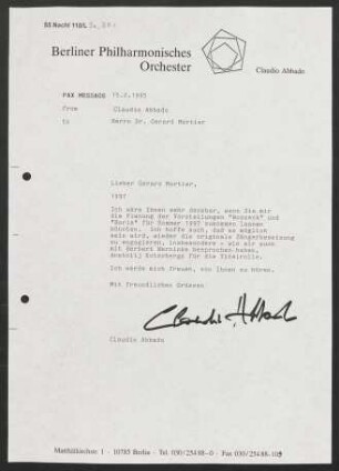Brief an Gerard Mortier, 15.02.1995