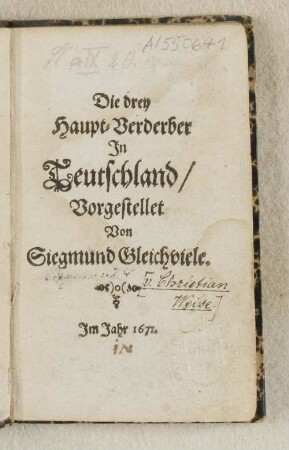 Die drey Haupt-Verderber In Teutschland