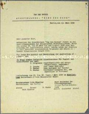 Rundschreiben des Reichsverbandes bildender Künstler, Gau Berlin, und des Bundes Deutscher Gebrauchsgraphiker betreffend eine Ausstellung anlässlich des "Tag des Buches" - Sachkonvolut