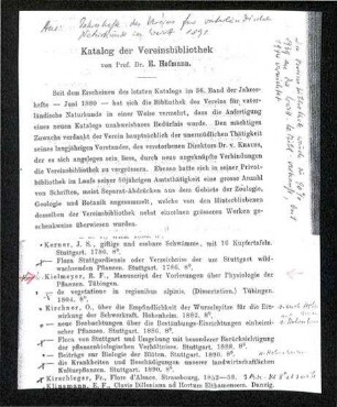 Auszug (Kopie) aus dem Katalog der Vereinsbibliothek mit Literaturhinweis bezüglich Kielmeyer