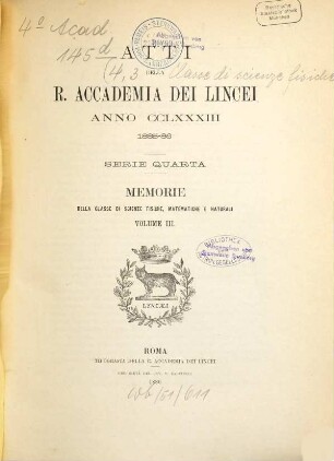 Memorie della Classe di Scienze Fisiche, Matematiche e Naturali. 3. 1885/86 (1886)