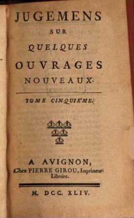 Jugemens sur quelques ouvrages nouveaux. 5, 5. 1744