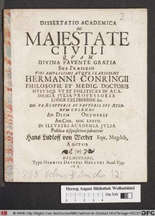 Dissertatio Academica De Maiestate Civili