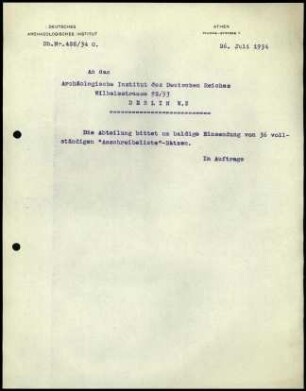 Schreiben (Abschrift); DAI Athen an AIDR (Anschreibelisten)