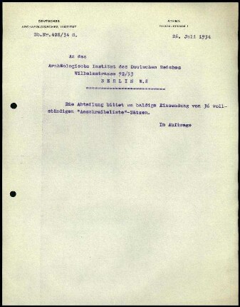 Schreiben (Abschrift); DAI Athen an AIDR (Anschreibelisten)