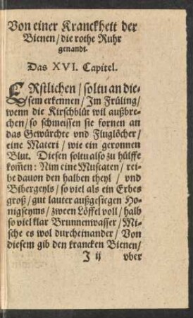 Von einer Kranckheit der Bienen/ die rothe Ruhr genandt. Das XVI. Capitel.
