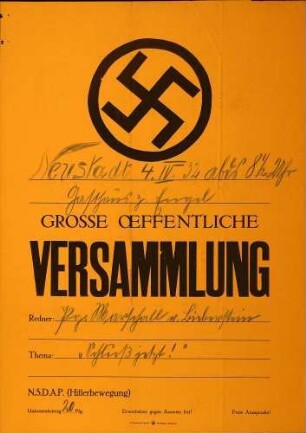 Versammlung der NSDAP-Ortsgruppe Neustadt: Schluß jetzt!