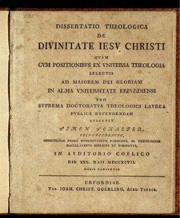 Dissertatio Theologica De Divinitate Jesu Christi