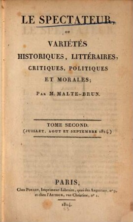 Le Spectateur ou Variétés historiques, littéraires, critiques, politiques et morales, 2. 1814