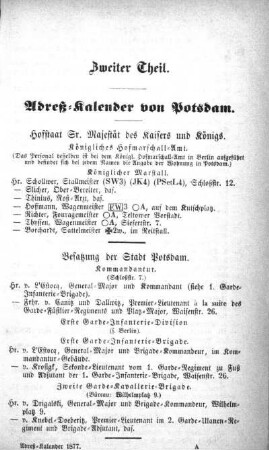 Zweiter Theil. Adreß-Kalender von Potsdam