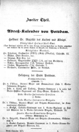 Zweiter Theil. Adreß-Kalender von Potsdam
