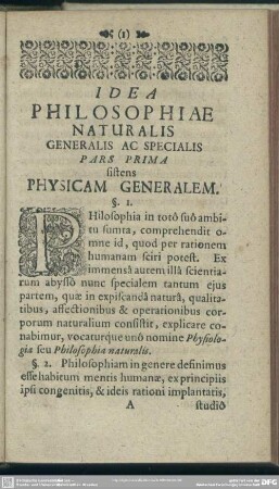 Pars Prima sistens Physicam Generalem