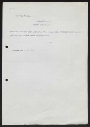 Brief von Gerhart Hauptmann an Hedwig Fischer