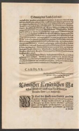 Römischer Keyserlichen Maiestat Abschiedt/ auff dem Reichßtag zu Wormbs/ Anno 1521. auffgericht.