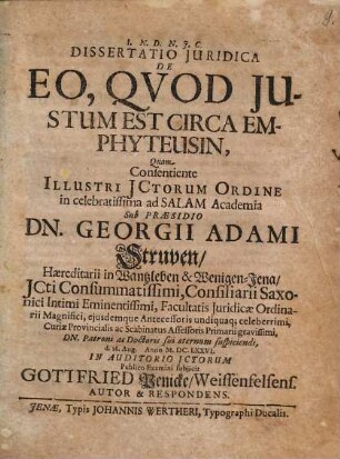 Diss. iur. de eo quod iustum est circa emphyteusin