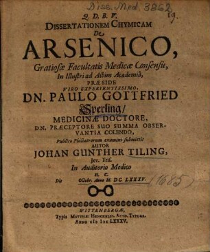 Dissertationem Chymicam De Arsenico