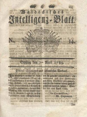 No. 14, Dinstag den 7ten April 1789