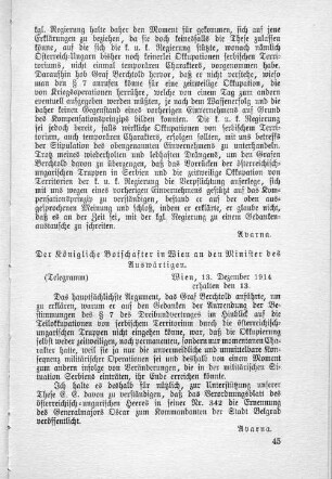 Telegramm: Der Königliche Botschafter in Wien an den Minister des Auswärtigen.